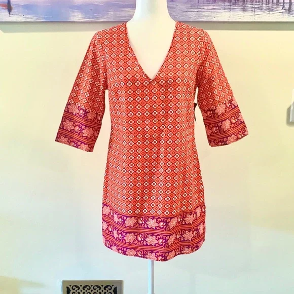 Old Navy Geometric Red 3/4 Sleeve Shift Dress - Picture 3 of 8